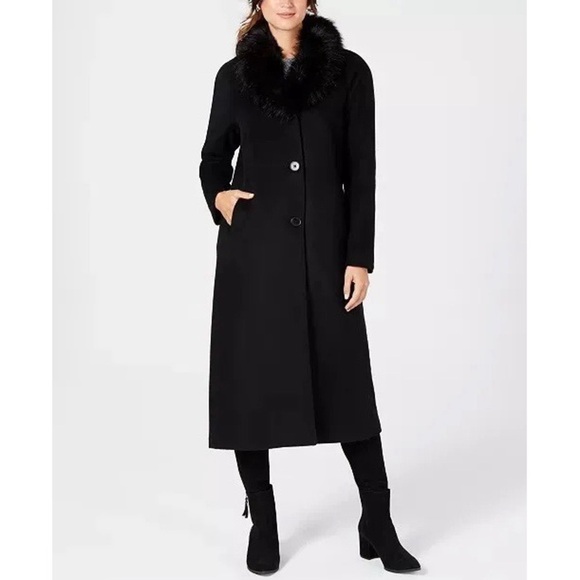 Jones New York Wool Faux Fur Collar Maxi Coat - Picture 1 of 6